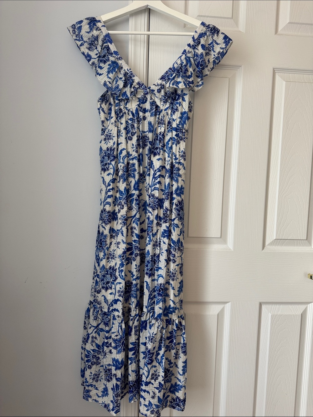 Mango Blue and White Floral Maxi Dress with Ruffle V-Neck